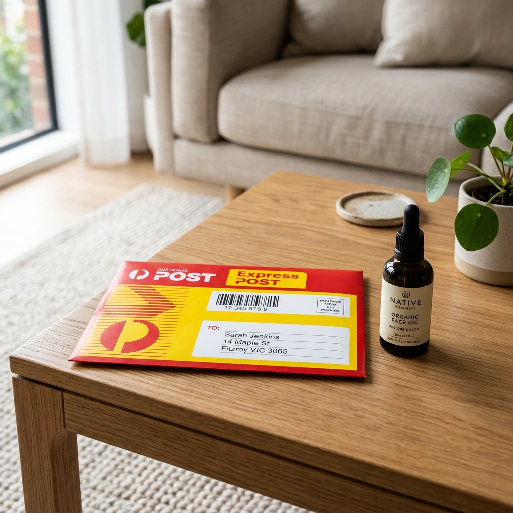 Australia Post Express envelope next to a wellness bottle