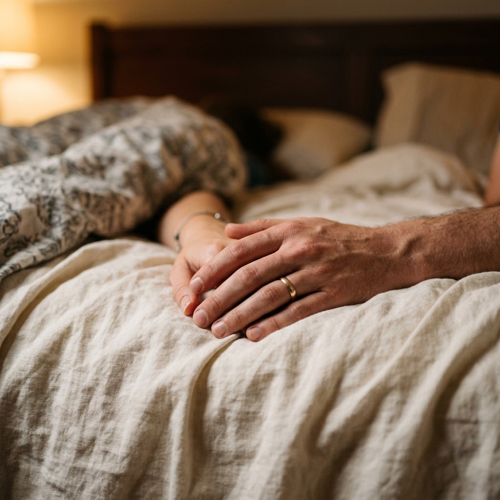 Two hands gently holding each other on bed sheets