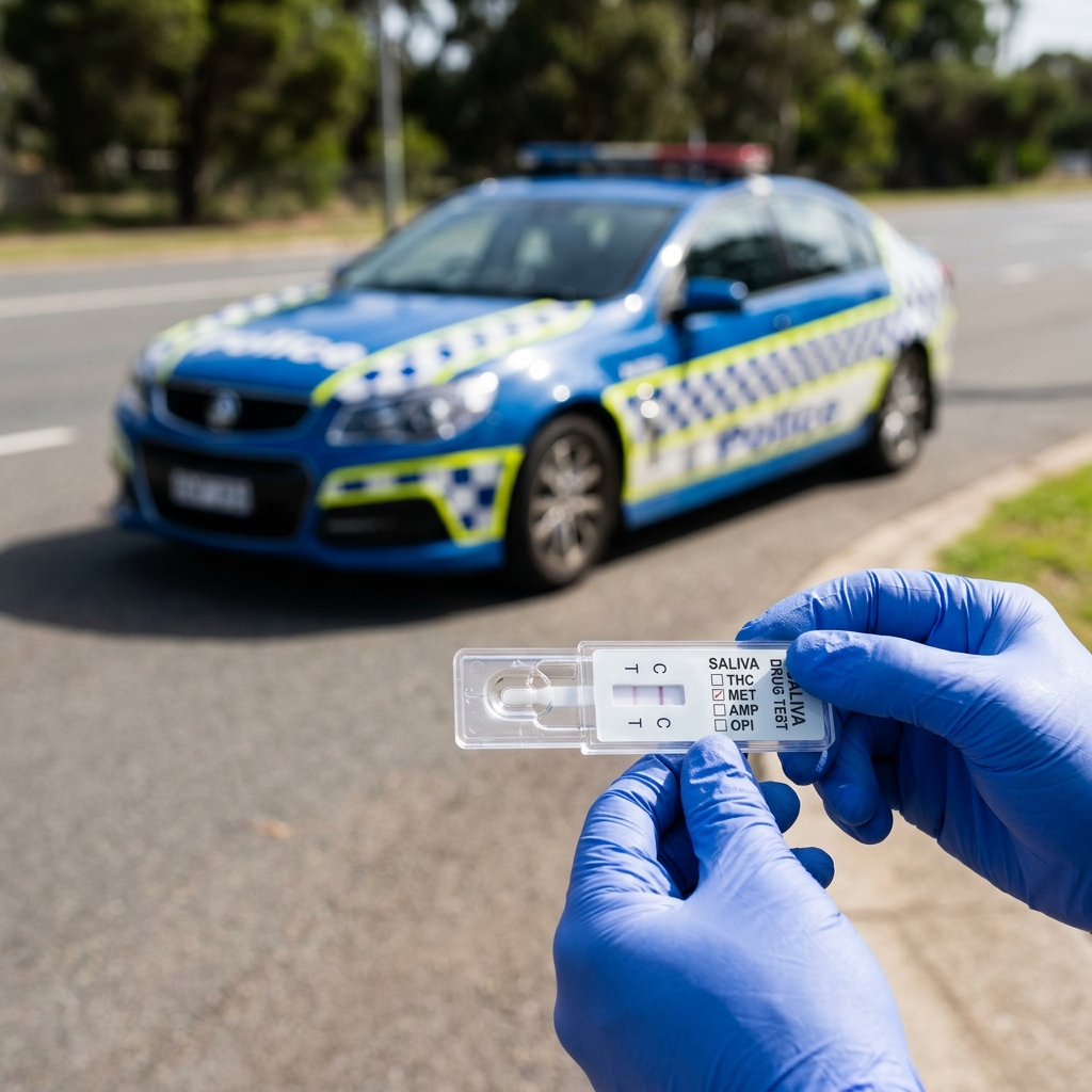 Saliva drug testing kit and police car
