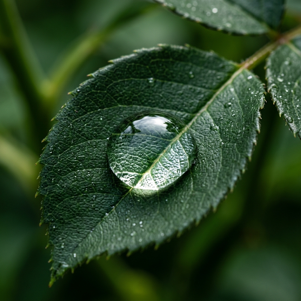 Silky clear liquid droplet macro shot on green leaf