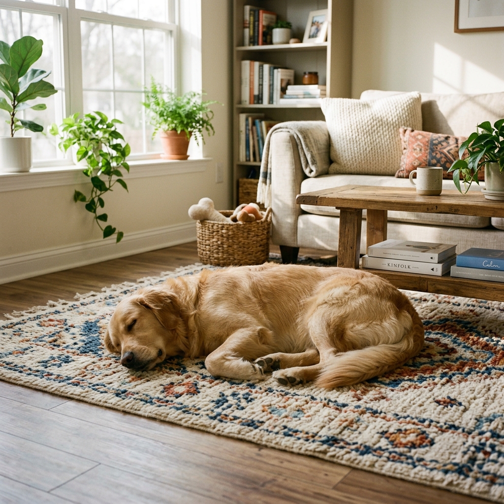 Dog sleeping peacefully on a rug