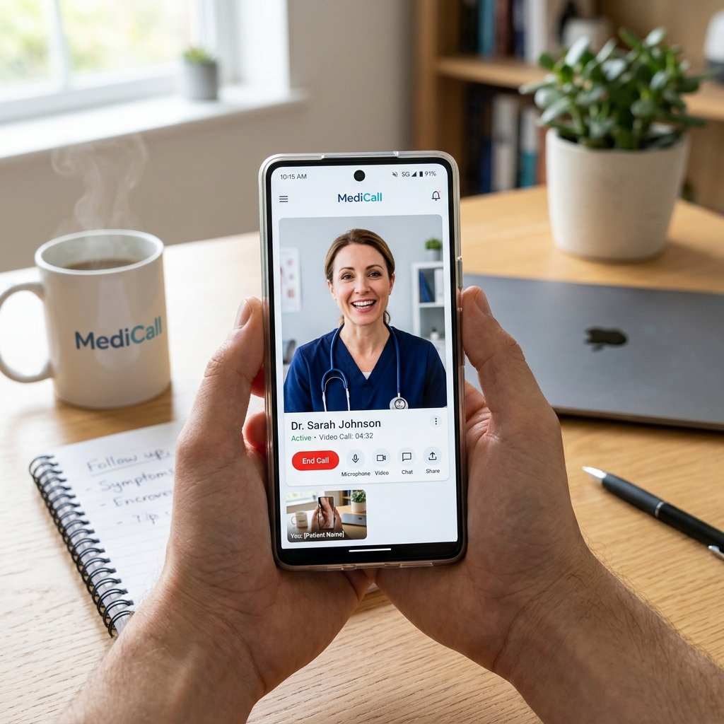 Smartphone displaying telehealth app with doctor