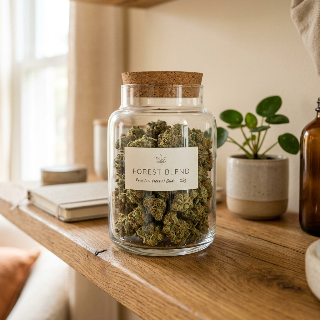 Glass jar filled with green herbal buds