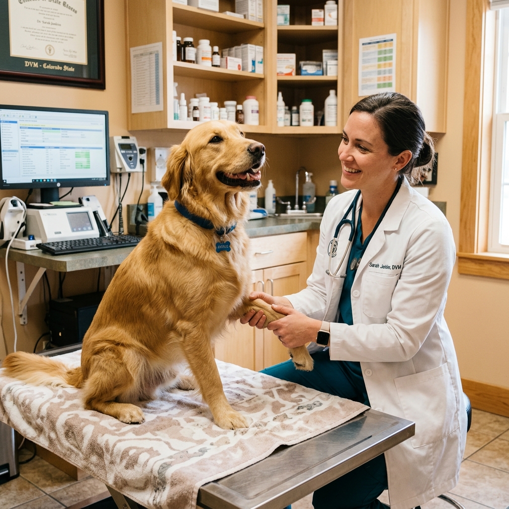 Veterinarian in a white coat examining a dog