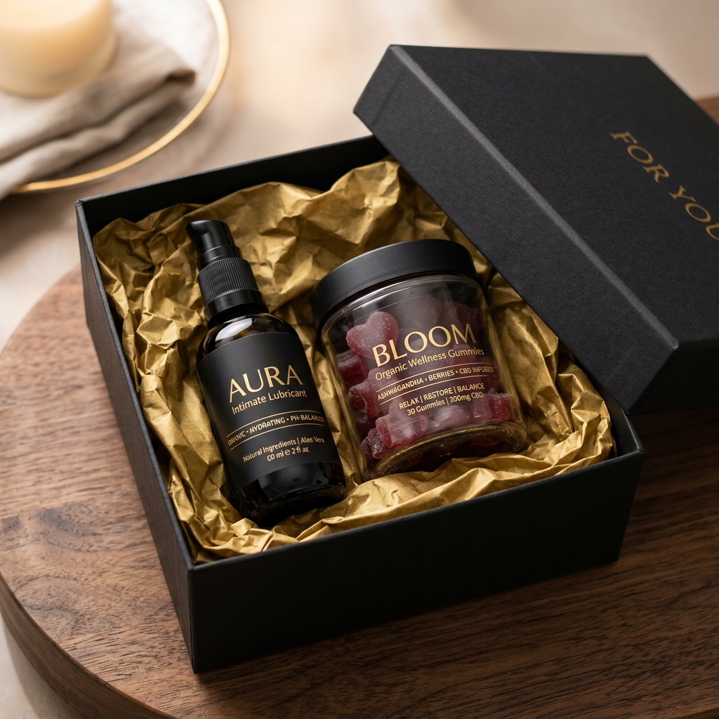 Elegant black gift box opening to reveal intimate wellness products